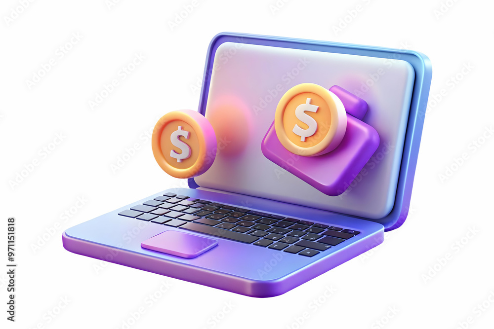 Modern Laptop on Glossy Surface with Holographic Dollar Signs Symbolizing Profits and Savings - Ideal for Business and Financial Concepts Modern Laptop on Glossy Surface with Holographic Dollar Signs Symbolizing Profits and Savings - Ideal for Business and Financial Concepts