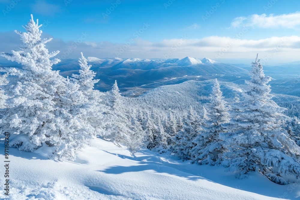 Fototapeta premium Snow-Covered Pine Trees on a Mountain Ridge with a Clear Blue Sky and Snowy Peaks in the Distance