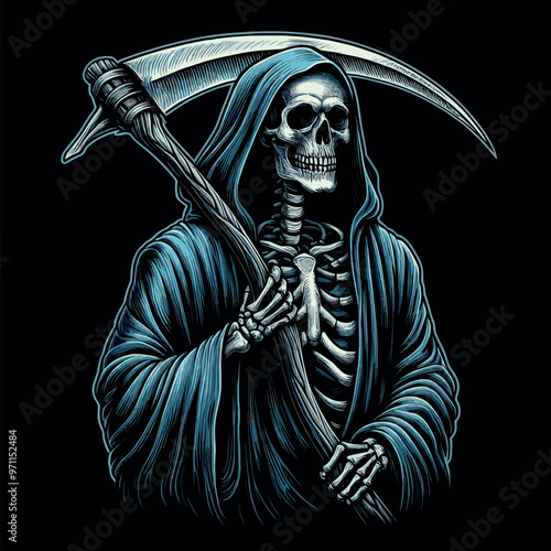 vector t-shirt design a skeleton in a robe holding a scythe, the grim reaper