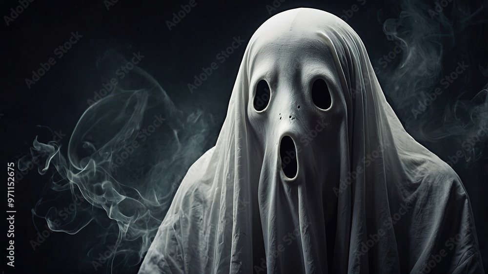 Mysterious Ghostly Figure Shrouded in White Cloth Haunted Old Manor at Midnight Mysterious Ghostly Figure Shrouded in White Cloth Haunted Old Manor at Midnight