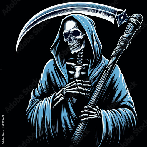 vector t-shirt design a skeleton in a robe holding a scythe, the grim reaper