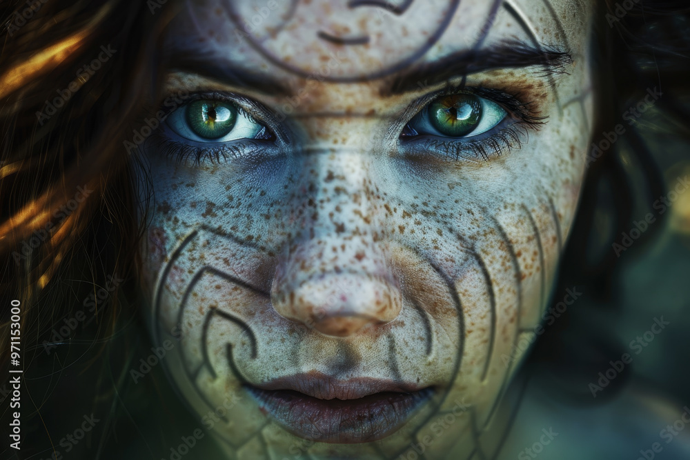 A woman with green eyes and a face covered in freckles A woman with green eyes and a face covered in freckles