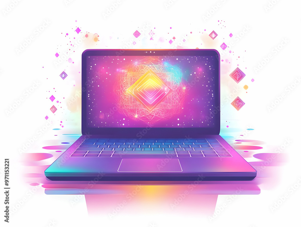 Flat Laptop with Holographic Rangoli Symbols in Bright Space - Simple Vector Illustration for Business and Tech Concepts Flat Laptop with Holographic Rangoli Symbols in Bright Space - Simple Vector Illustration for Business and Tech Concepts