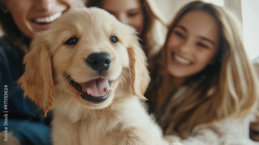 A family surrounding their new puppy, smiling and laughing as the puppy explores its new home A family surrounding their new puppy, smiling and laughing as the puppy explores its new home