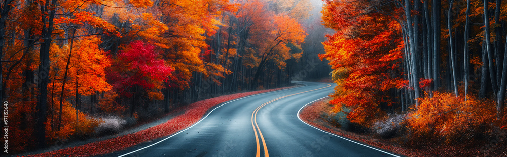 Obraz premium Winding road through vibrant autumn forest with orange and red trees