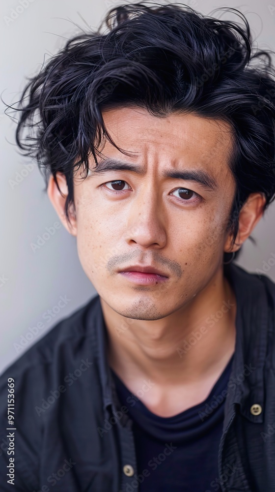 Close-Up Portrait of a Serious Asian Man in a Black Shirt Close-Up Portrait of a Serious Asian Man in a Black Shirt