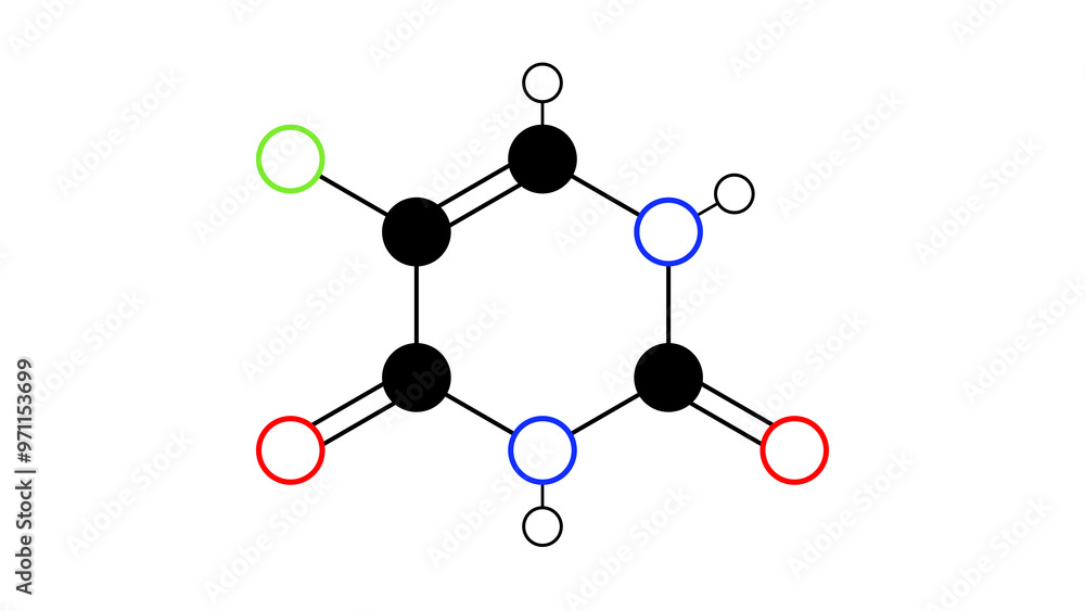 fluorouracil molecule, structural chemical formula, ball-and-stick model, isolated image antineoplastic agents fluorouracil molecule, structural chemical formula, ball-and-stick model, isolated image antineoplastic agents