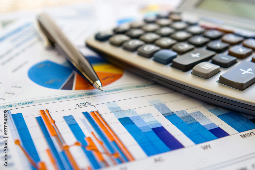 A pen and calculator sit on top of a stack of financial graphs A pen and calculator sit on top of a stack of financial graphs