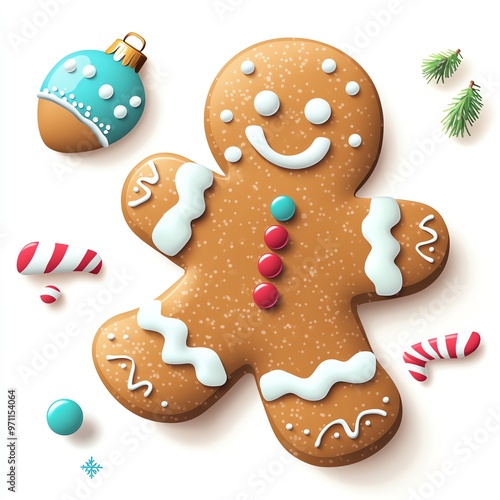 Delicious gingerbread cookie decorated for the holidays, surrounded by festive candies and ornaments, perfect for seasonal celebration.