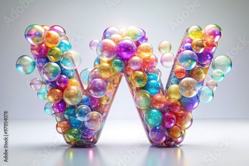 Vibrant colorful alphabet letter W made of shiny transparent bubbles floating against a soft white background, creating a playful and whimsical visual effect. photo