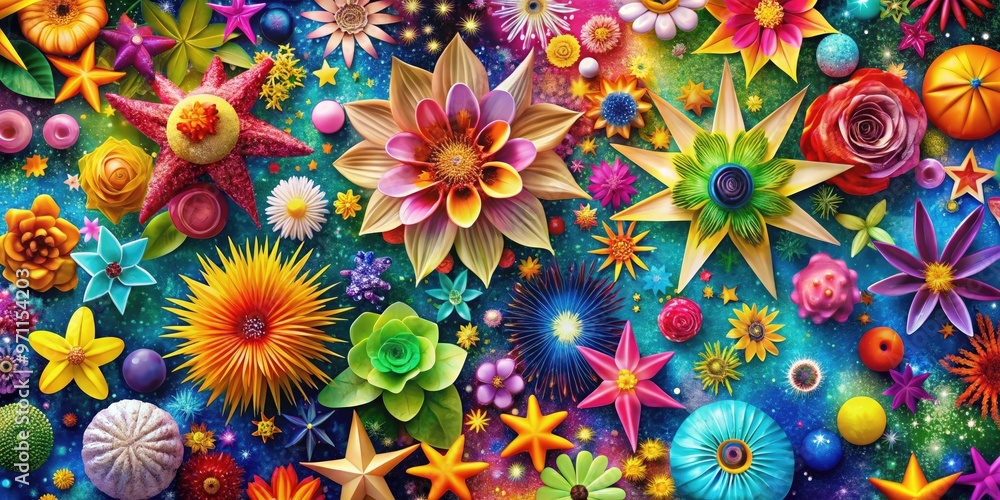 Vibrant, colorful, and playful illustrations of stars, flowers, and abstract shapes come together in a fantastic digital collage perfect for creative projects and designs. Vibrant, colorful, and playful illustrations of stars, flowers, and abstract shapes come together in a fantastic digital collage perfect for creative projects and designs.