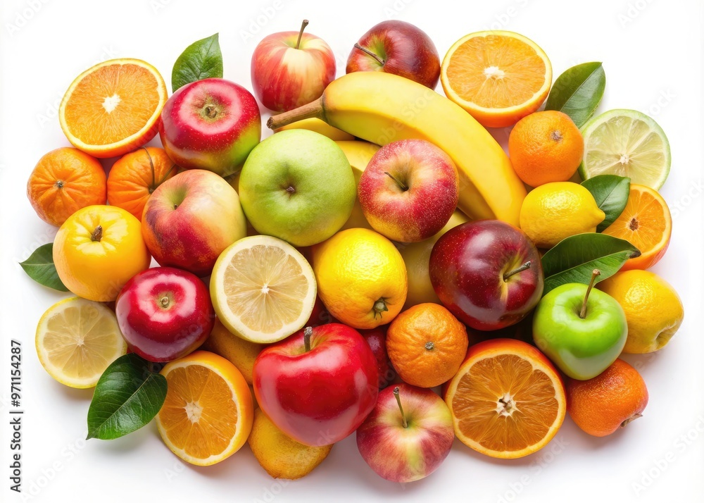 Vibrant colorful arrangement of various fruits, including apples, bananas, and oranges, scattered against a clean white background, perfect for a refreshing and healthy wallpaper design. Vibrant colorful arrangement of various fruits, including apples, bananas, and oranges, scattered against a clean white background, perfect for a refreshing and healthy wallpaper design.