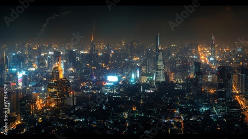 Night view of cityscape with glowing skyscrapers.