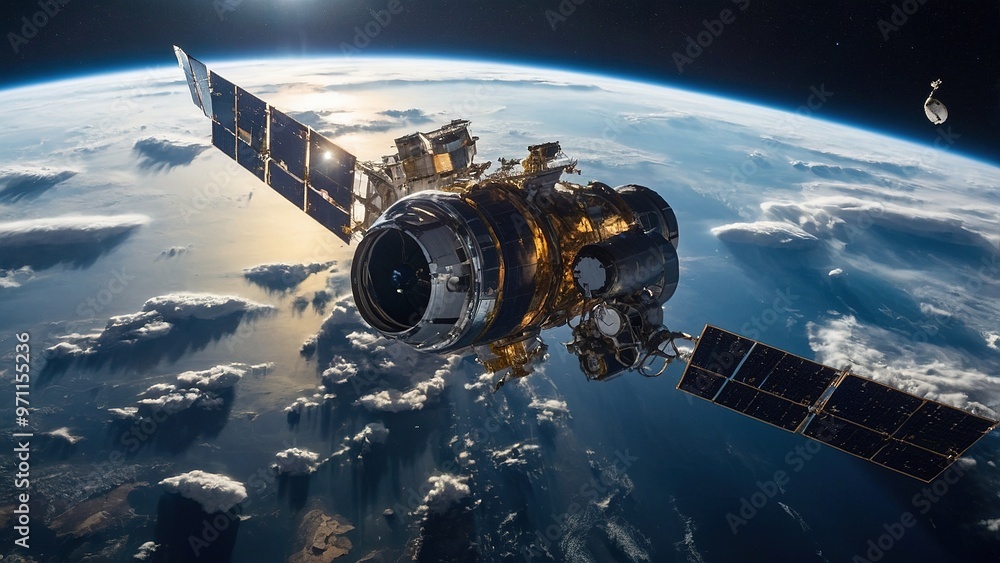 A spacecraft orbits Earth, showcasing its exterior with solar panels. White clouds and a blue ocean are visible below, highlighting the vastness of space. A spacecraft orbits Earth, showcasing its exterior with solar panels. White clouds and a blue ocean are visible below, highlighting the vastness of space.