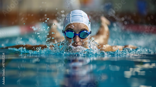 Female Swimmer in Action Inside Swimming Pool: Performing a stroke.