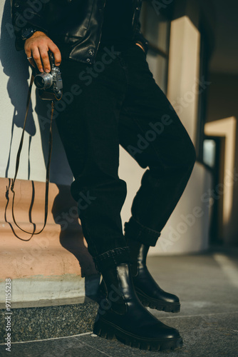 Young beard man posing in the street, fashion beard man portrait, tattoo hand, Handsome, happy face, street photo, hipster style portrait, tattoo, leather jacker, glasses, watch, brutal man, photo