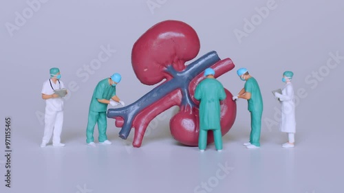 Group of miniature surgeons and nurses examining a large kidney model, symbolizing medical practices and healthcare advancements.