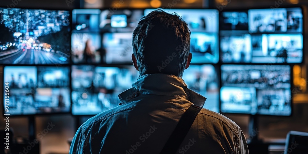 A person observes multiple screens displaying various cityscapes at night while engaged in monitoring activity in a dim room. Generative AI A person observes multiple screens displaying various cityscapes at night while engaged in monitoring activity in a dim room. Generative AI