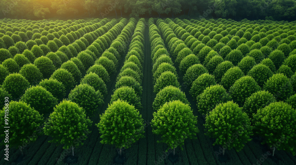 Fototapeta premium Neatly arranged rows of green trees in a sunlit orchard