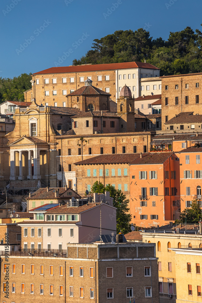 View of the port and city of Anocna in sunny spring day. Historical buildings and beautifull views.