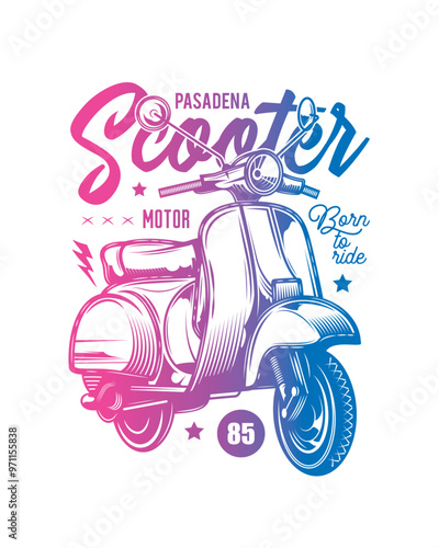 Classic old scooter. Original vector illustration in vintage style. T-shirt design.
