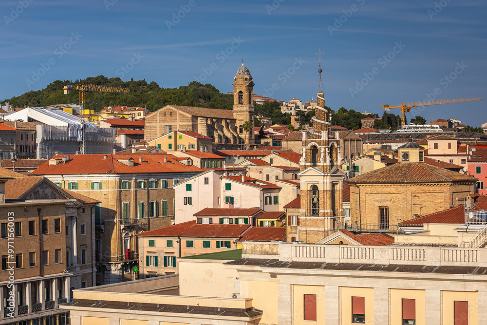 View of the port and city of Anocna in sunny spring day. Historical buildings and beautifull views.