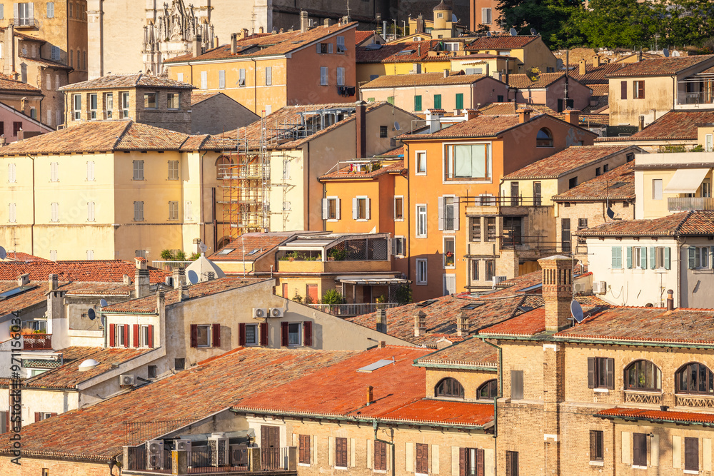 View of the port and city of Anocna in sunny spring day. Historical buildings and beautifull views.