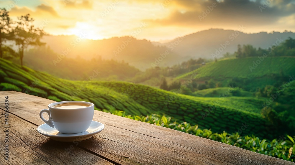 Coffee Cup on Wooden Table Overlooking Tea Plantation at Sunset in Mountain Forest. AI generated illustration Coffee Cup on Wooden Table Overlooking Tea Plantation at Sunset in Mountain Forest. AI generated illustration