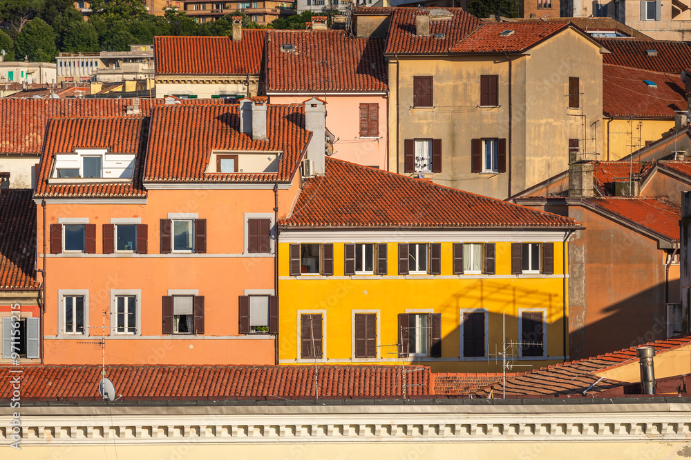 View of the port and city of Anocna in sunny spring day. Historical buildings and beautifull views.
