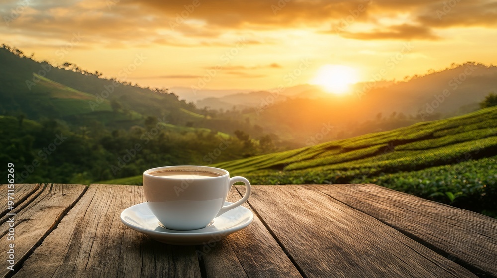 Coffee Cup on Wooden Table Overlooking Tea Plantation at Sunset in Mountain Forest. AI generated illustration Coffee Cup on Wooden Table Overlooking Tea Plantation at Sunset in Mountain Forest. AI generated illustration