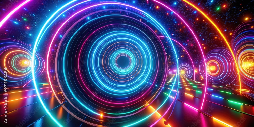 Vibrant, colorful neon lights swirl and pulse in mesmerizing patterns against a dark background, creating a hypnotic and futuristic visual effect in a looping animation. Vibrant, colorful neon lights swirl and pulse in mesmerizing patterns against a dark background, creating a hypnotic and futuristic visual effect in a looping animation.
