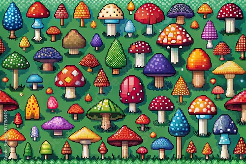 Vibrant, colorful mushrooms in various shapes and sizes are arranged in a pixel art grid, creating a whimsical and geometric digital illustration. photo