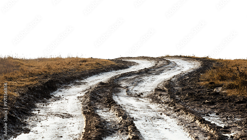 A muddy road winds its way through a field, the tire tracks etched deep into the wet earth. A muddy road winds its way through a field, the tire tracks etched deep into the wet earth.