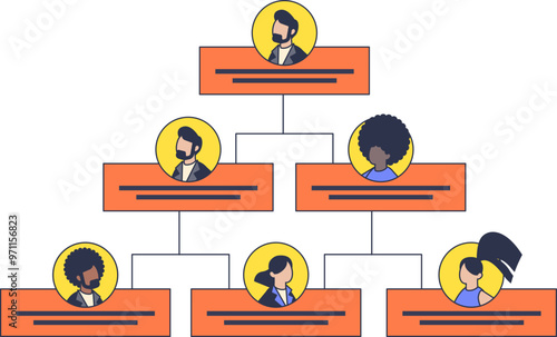 Illustration of a hierarchical organizational chart with stylized people icons representing different levels of management and team structure.