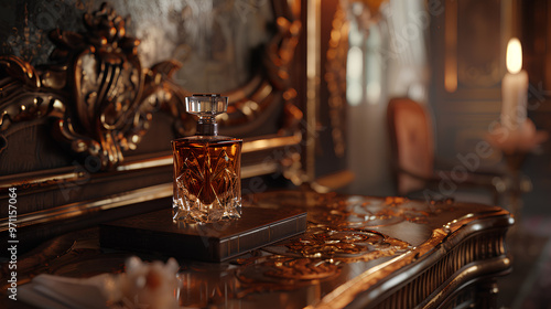 A bottle of liquor sits on a table in front of a mirror