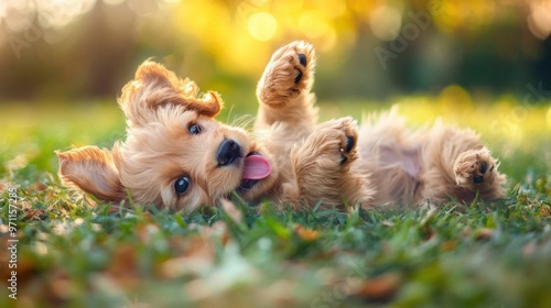 A playful puppy rolling over in the grass, its fur messy and its tongue hanging out as it enjoys the outdoors