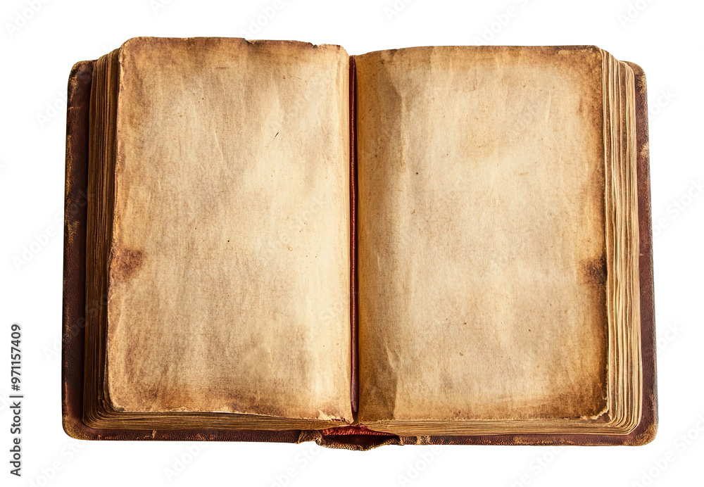 very old open book with yellow pages on transparent background, top view very old open book with yellow pages on transparent background, top view