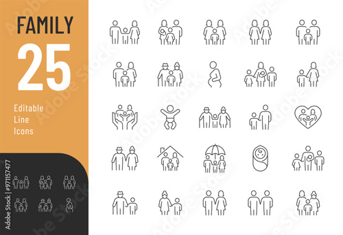 Family Line Editable Icons set. Vector illustration in thin line modern style of parenthood related icons: parents, grandparents, children, adoption, and more. Isolated on white