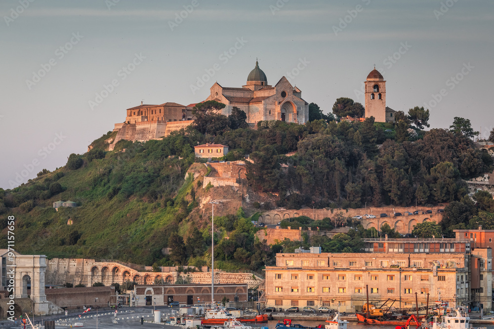 View of the port and city of Anocna in sunny spring day. Historical buildings and beautifull views.