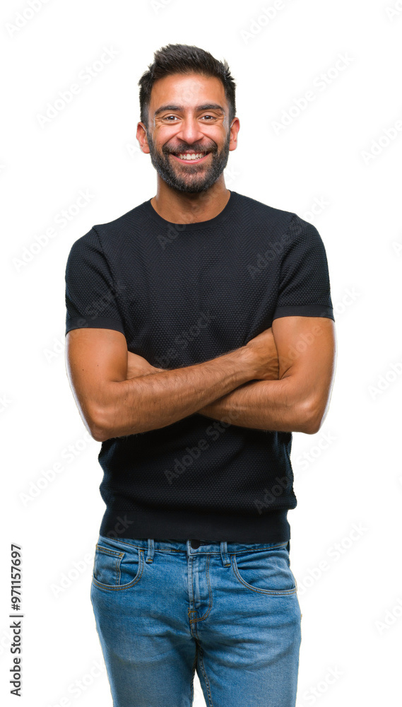 Adult hispanic man over isolated background happy face smiling with crossed arms looking at the camera. Positive person. Adult hispanic man over isolated background happy face smiling with crossed arms looking at the camera. Positive person.