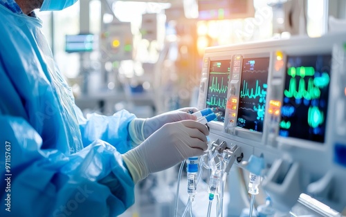 Closeup of doctor s hands using devices during emergency treatment, sterile and bright surroundings, Treatment, Emergency photo