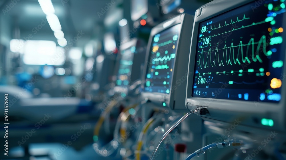 Advanced recovery machines monitoring vitals postintervention in a clean hospital room, Intervention, Machines Advanced recovery machines monitoring vitals postintervention in a clean hospital room, Intervention, Machines