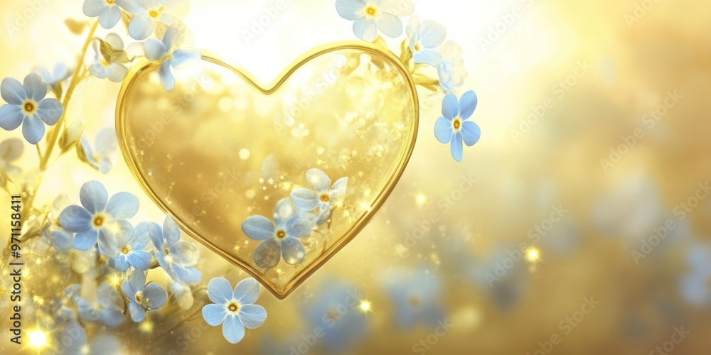 A golden heart surrounded by blue flowers and a soft glowing background. A golden heart surrounded by blue flowers and a soft glowing background.