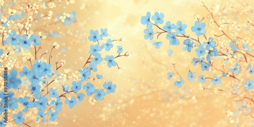 A serene illustration of blue flowers against a warm, glowing background. A serene illustration of blue flowers against a warm, glowing background.