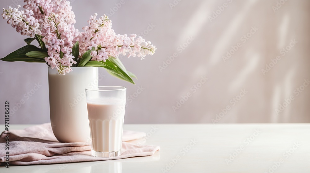 A glass of milk stands on a white table next to a vase of lilacs. Minimalist breakfast concept with copy space. A glass of milk stands on a white table next to a vase of lilacs. Minimalist breakfast concept with copy space.