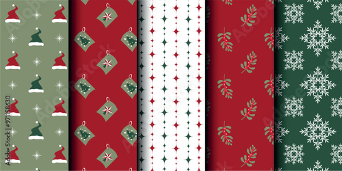 Set of Christmas vector seamless pattern. Merry Christmas and Happy New Year. Christmas symbols background. Vector red and green seamless illustration