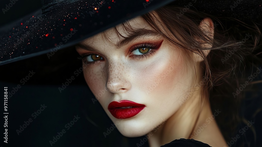 Witchy Woman with Red Lips and Black Hat Witchy Woman with Red Lips and Black Hat