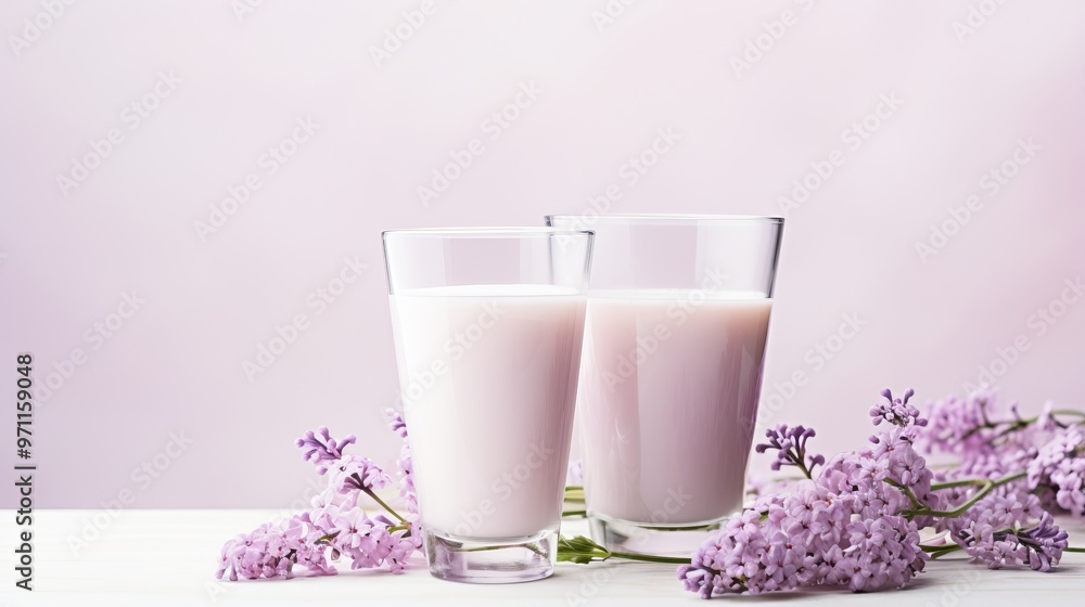 Two glasses of creamy strawberry milkshake with fresh lilac flowers on pink background. Concept of refreshing sweet dairy drink, summer dessert, and floral decoration.