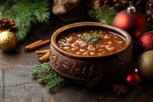 Rustic Bowl of Christmas Pudding with Festive Decorations photo