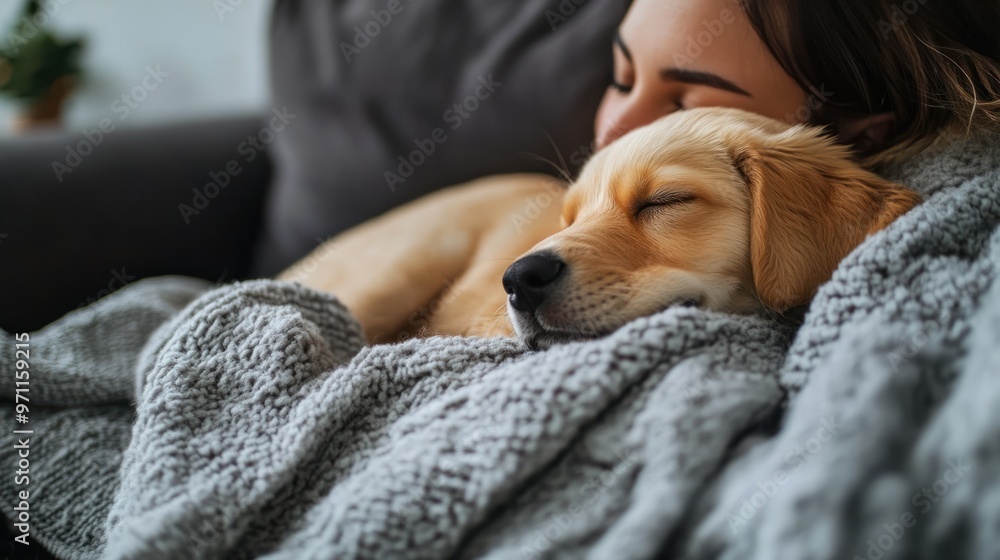 A puppy and its owner cuddling on the couch, both relaxing with content expressions and warm blankets A puppy and its owner cuddling on the couch, both relaxing with content expressions and warm blankets